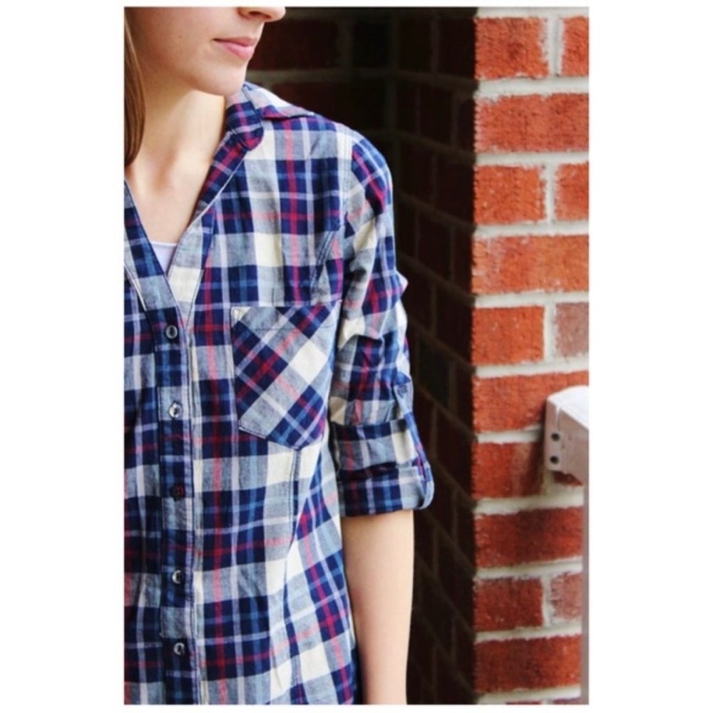 Skies Are Blue Red Blue Button Down Top Plaid Cotton Charlene Stitch Fix Sz XS P